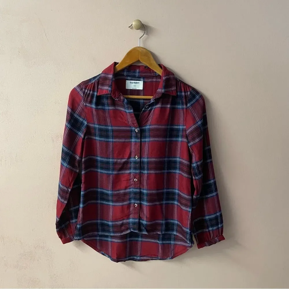 Old Navy Girls Burgundy|Blue|White Plaid Shirt Sz L (10-12) EUC